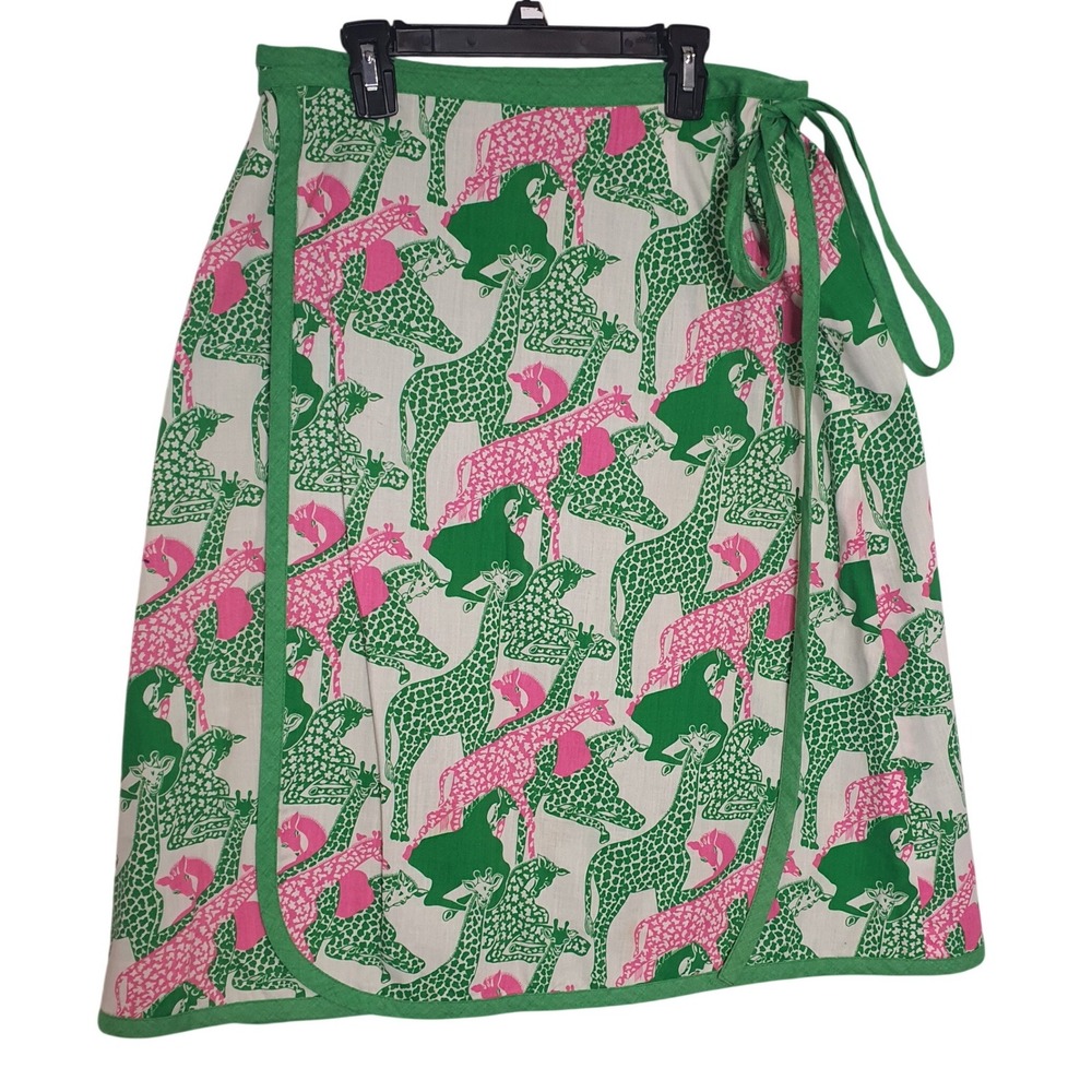 Reversible Wrap Skirt Giraffe Pink Green Animal Preppy Knee Length Vacation Work